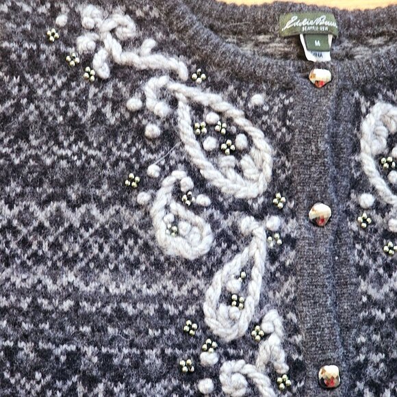 Eddie Bauer Womens Grey Fair Isle Lambs Wool Cashmere Cardigan Sweater Beaded M - Picture 4 of 12